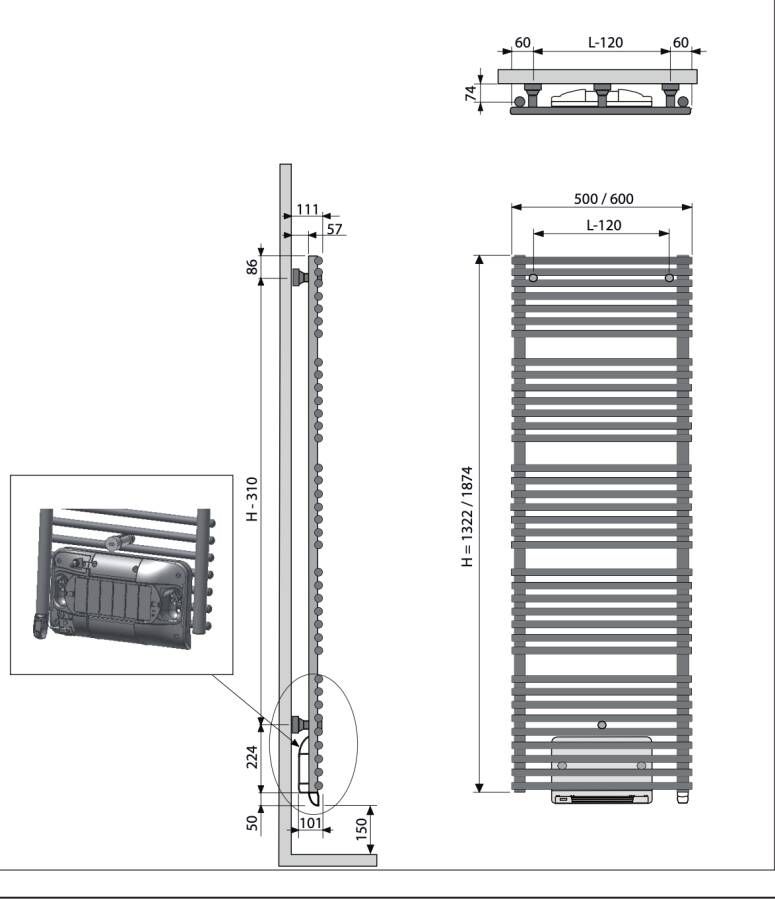Vasco Agave HR-EL-BL elektrische radiator met blower 50x187 4cm 2000W wit RAL 9016