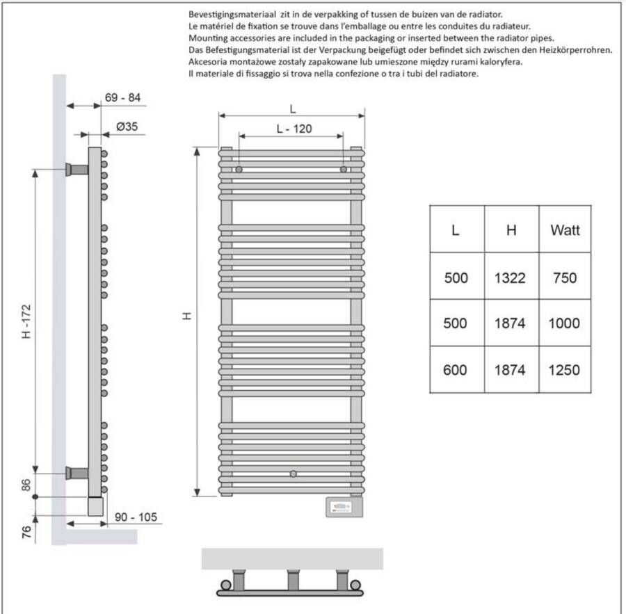 Vasco Agave HR-EL designradiator elektrisch horizontaal 1322x500mm 750W wit 113950500150100009016-0000 - Foto 4