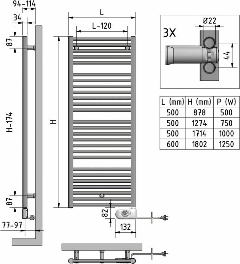 Vasco GK-EL elektrische handdoekradiator 60x180 2cm 1250W wit RAL 9016