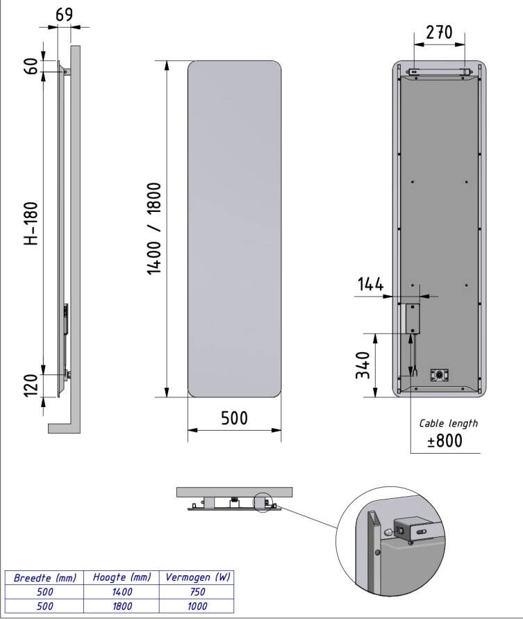 Vasco Oni O-NP-EL elektrische radiator 50x140cm 750W wit S600 structuurlak