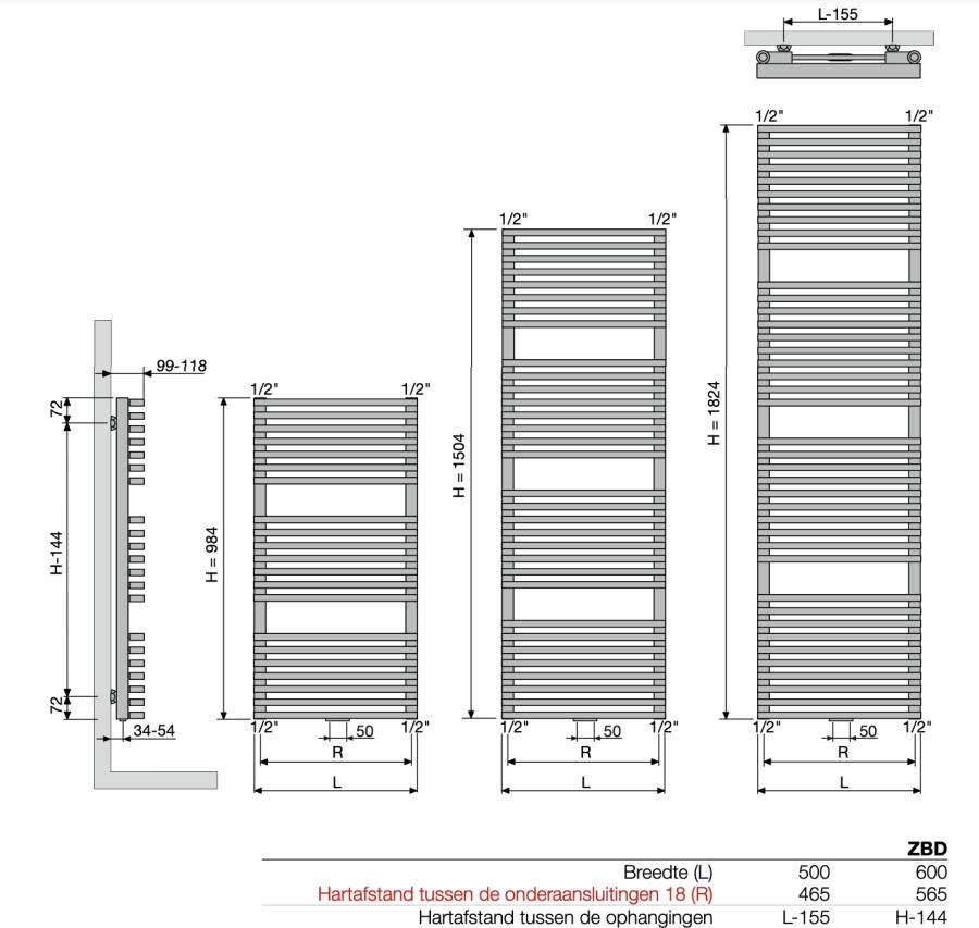 Vasco Zana Bad ZBD radiator 50x182 4cm 1189W wit RAL 9016