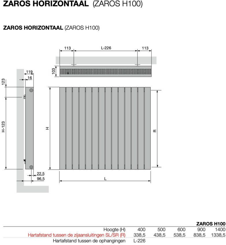 Vasco Zaros H100 radiator 112 5x50cm aluminium 1418W wit S600 structuurlak
