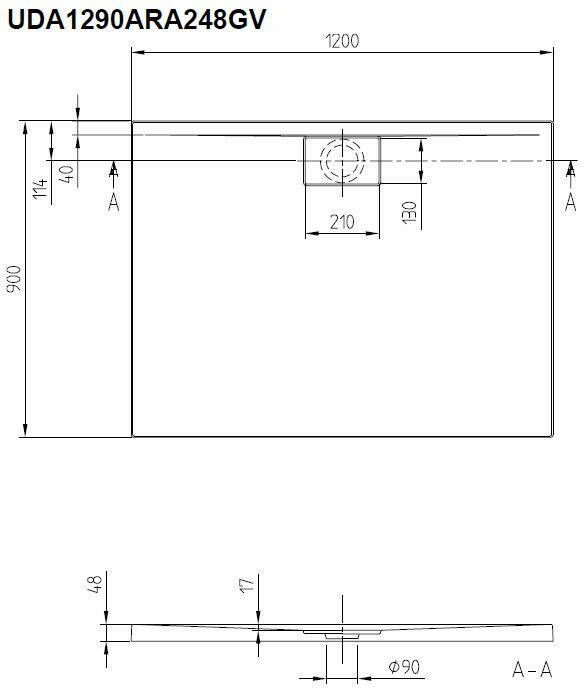 Villeroy & Boch Architectura douchebak 120 x 90 x 1.7cm. antislip metalrim wit