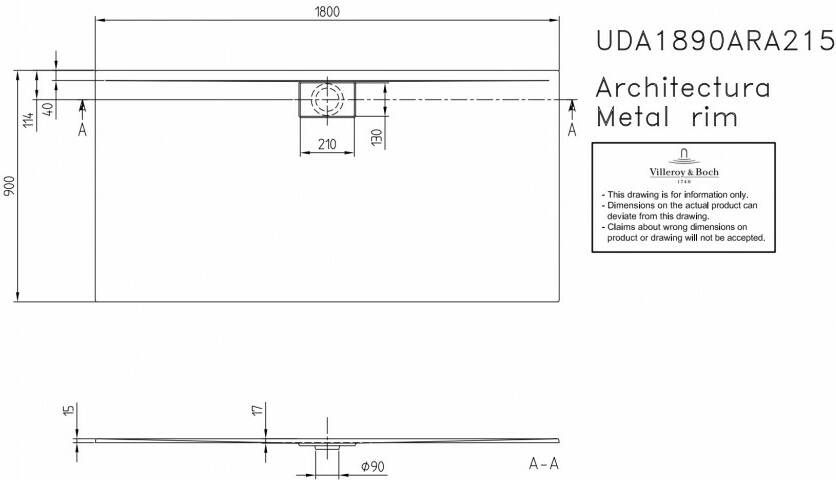 Villeroy & Boch Architectura douchebak 180 x 90 x 1.5 cm. metalrim grijs