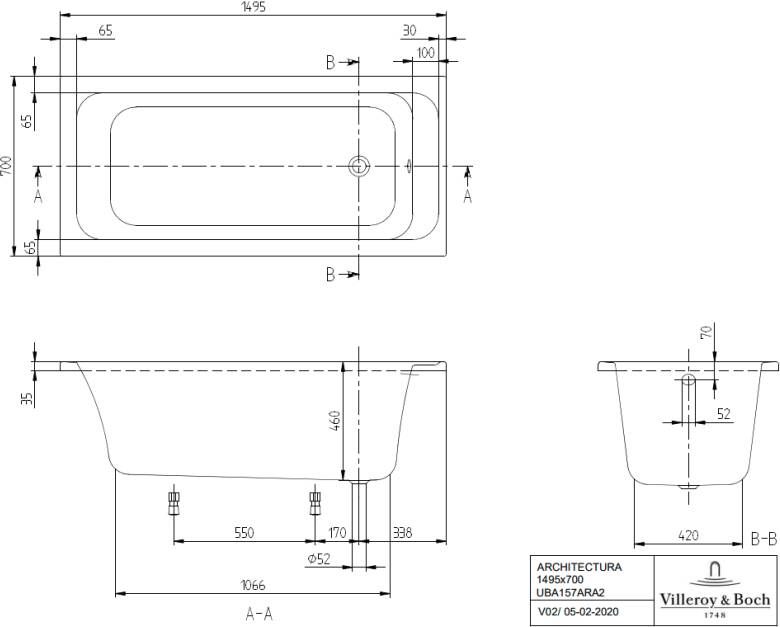 Villeroy & Boch Architectura inbouwbad 150x70cm acryl wit