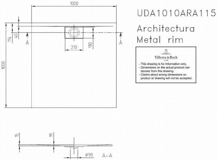 Villeroy & Boch Architectura metal rim douchebak 100x100x1.5 cm. wit