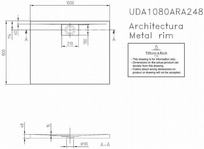 Villeroy & Boch Architectura metal rim douchebak 100x80x4.8 cm. wit