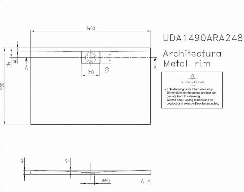 Villeroy & Boch Architectura metal rim douchebak 140x90x4.8 cm. wit
