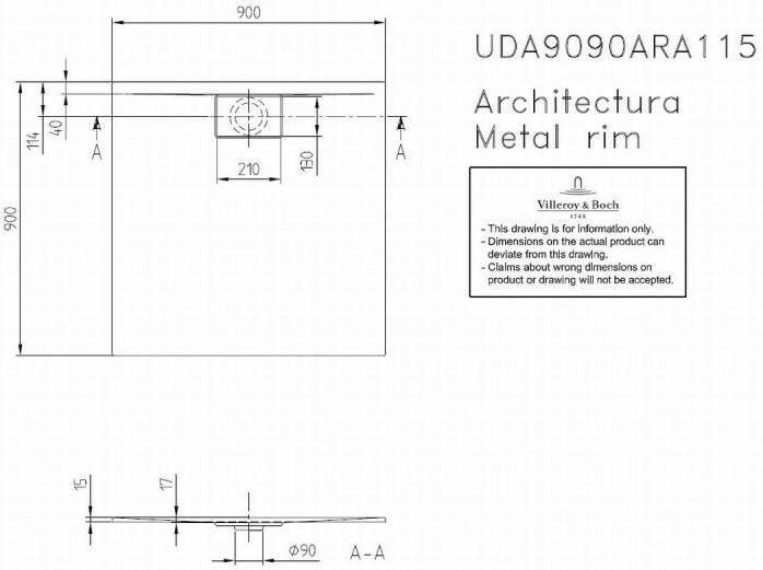 Villeroy & Boch Architectura metal rim douchebak 90x90x1.5 cm. wit