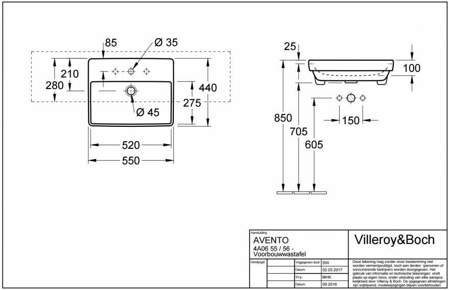 Villeroy & Boch Avento halfinb.wastafel 55x44 m kraangat m overl. wit