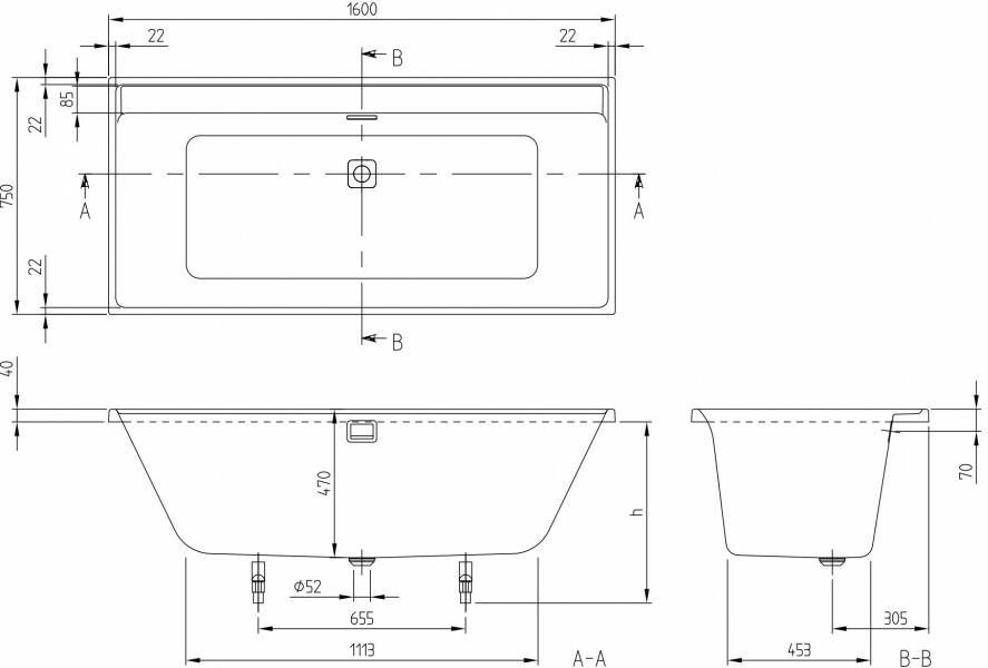 Villeroy & Boch Collaro inbouwbad 160x75cm wit Champagne afvoer overloop