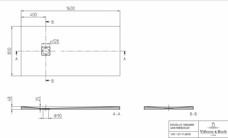 Villeroy & Boch Excello douchevloer 160x80cm stone white