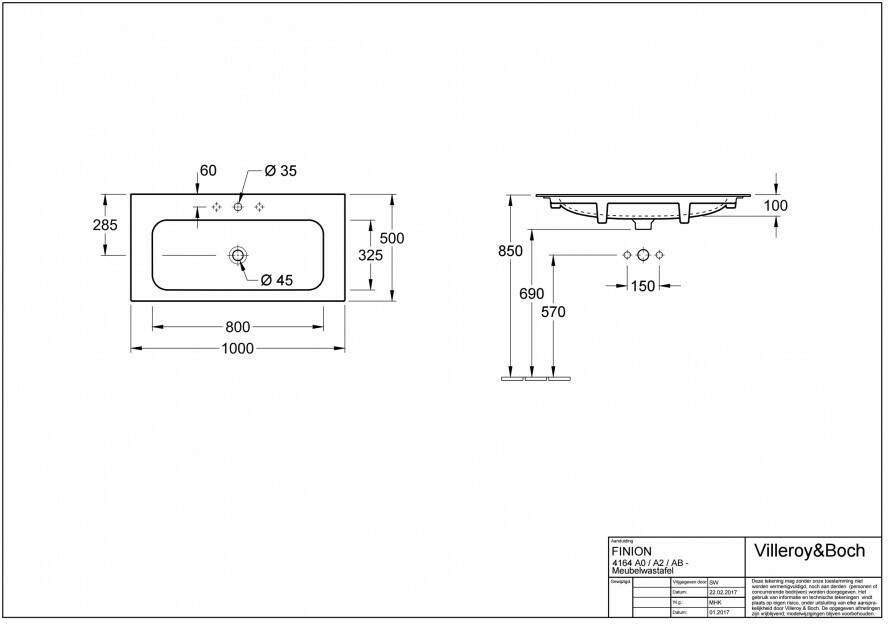 Villeroy & Boch Finion meubelwastafel 100x50 m kraangat m viflow plus wit