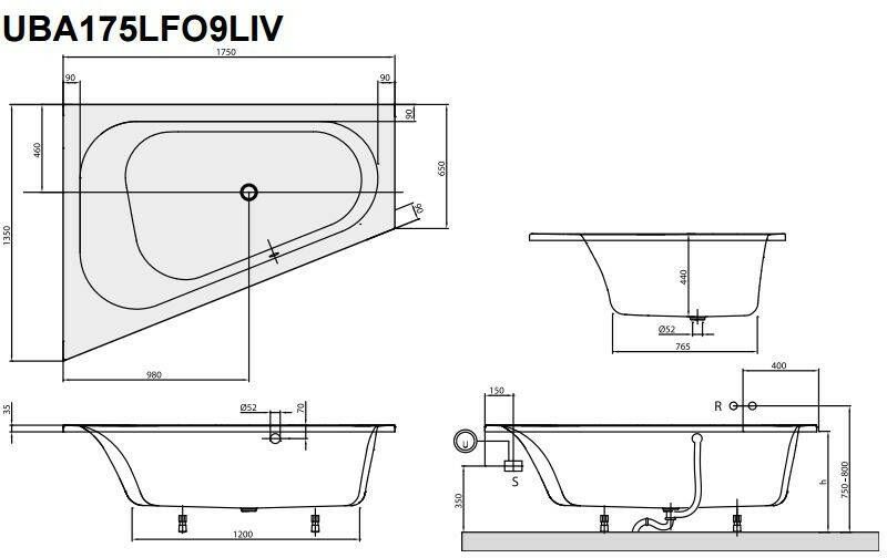 Villeroy & Boch Loop & Friends bad 175 x 135 cm. links met ovale binnenvorm wit