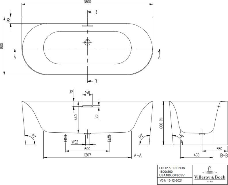 Villeroy & Boch Loop & Friends Oval back-to-wall bad 170x75cm acryl hoek links rechts Stone White