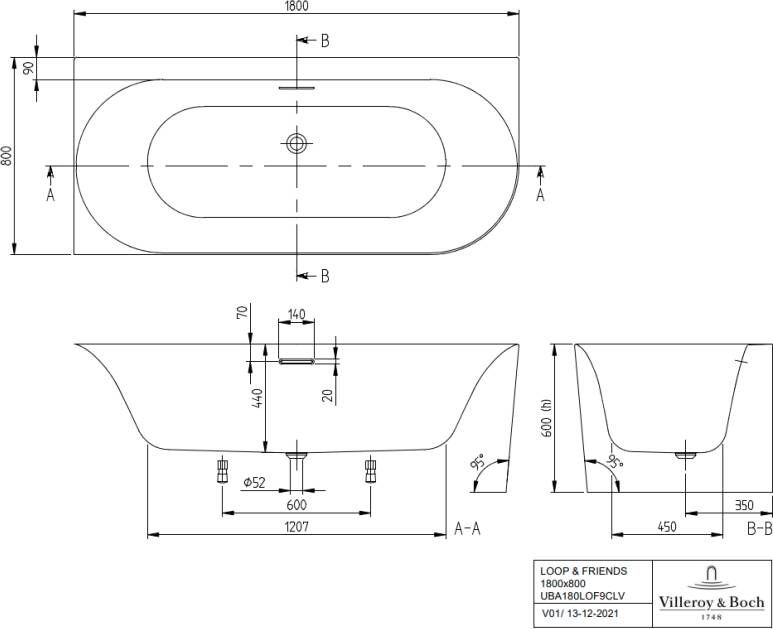 Villeroy & Boch Loop & Friends Oval back-to-wall bad 180x80cm acryl hoek links Wit