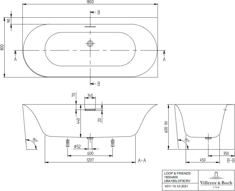 Villeroy & Boch Loop & Friends Oval back-to-wall bad 180x80cm acryl hoek rechts Wit