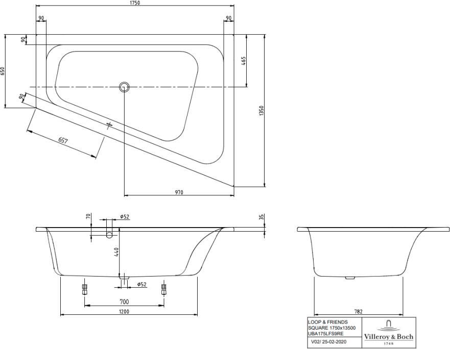 Villeroy & Boch Loop & Friends Square inbouw hoekbad 175x135cm rechts acryl wit