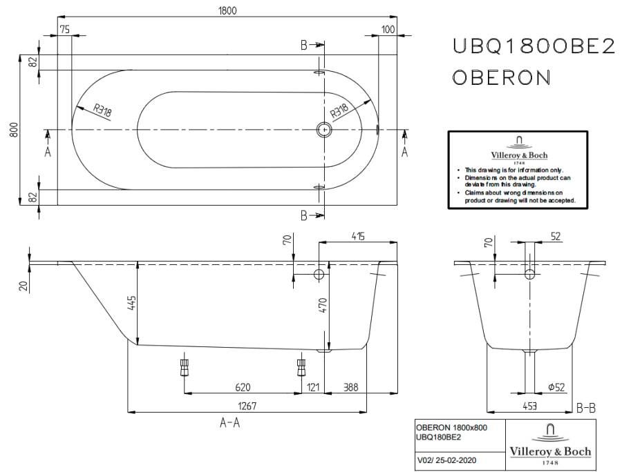Villeroy & Boch Oberon inbouwbad solo 180x80cm quaryl Wit