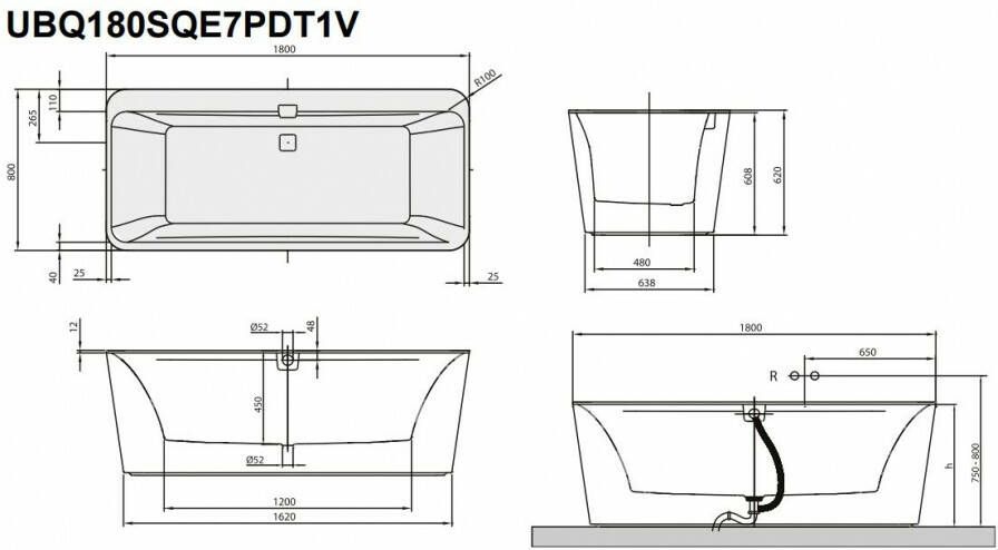 Villeroy & Boch Squaro Edge 12 bad vrijstaand 180x80 met badpanelen graphite noir wit