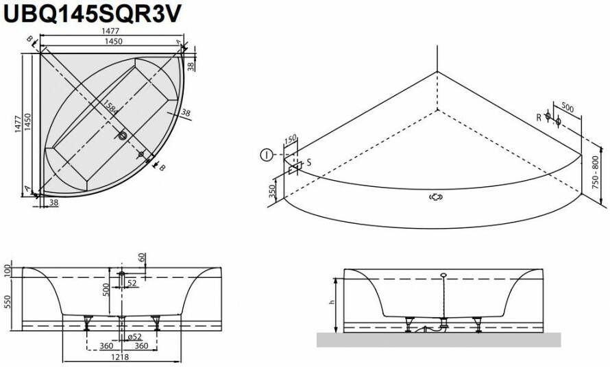 Villeroy & Boch Squaro inbouw hoekbad 145x145cm quaryl wit