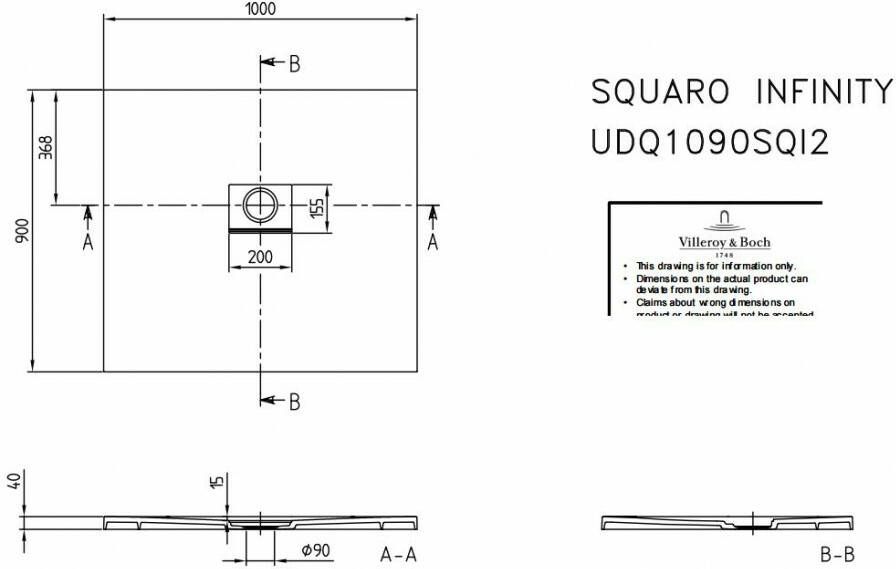 Villeroy & Boch Squaro Infinity douchebak 100 x 90 x 4 cm. creme