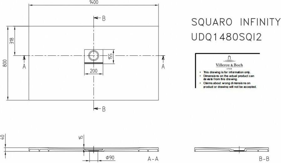 Villeroy & Boch Squaro Infinity douchebak 140 x 80 x 4 cm. creme