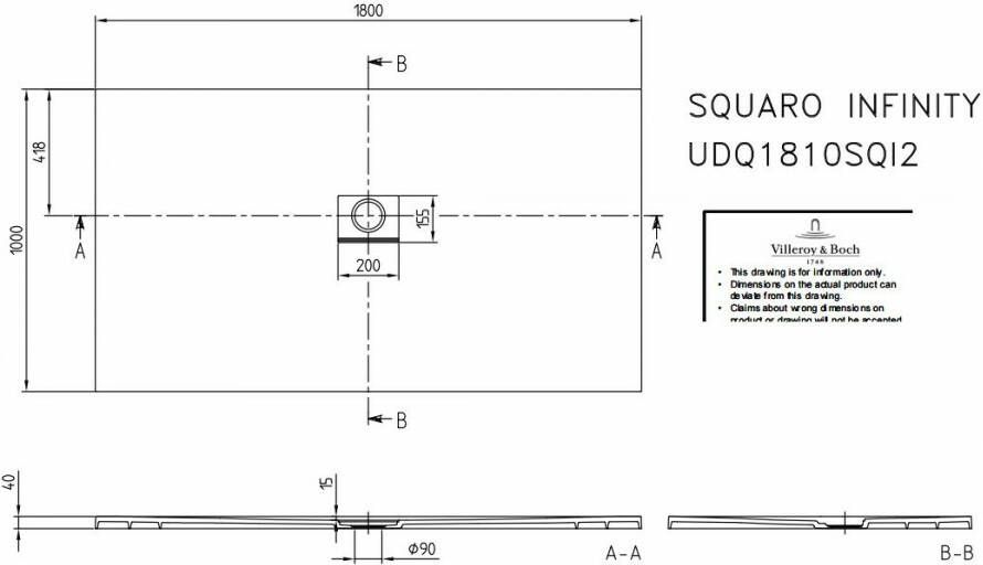 Villeroy & Boch Squaro Infinity douchebak 180 x 100 x 4 cm. grijs