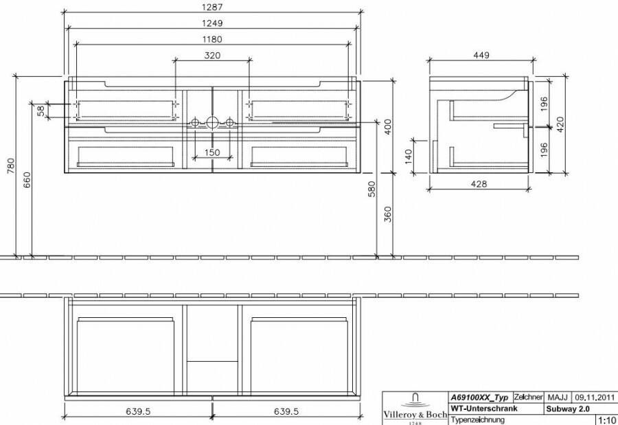 Villeroy & Boch Subway 2.0 wastafelonderkast 128.7x41 6x44 9 cm. met 4 laden glossy wit