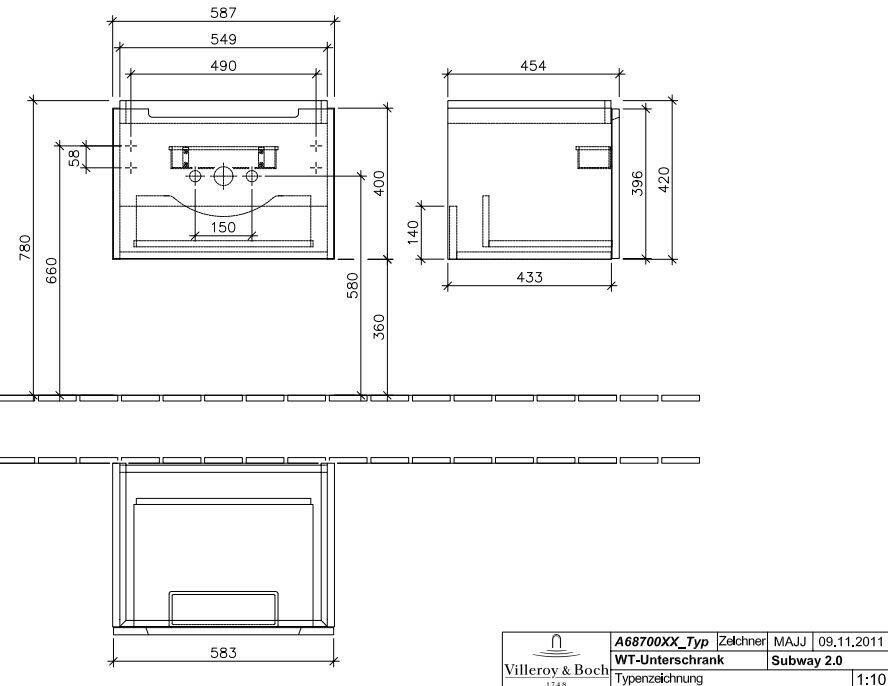 Villeroy & Boch Subway 2.0 wastafelonderkast 58 7x41 6x45 4 cm. glossy wit