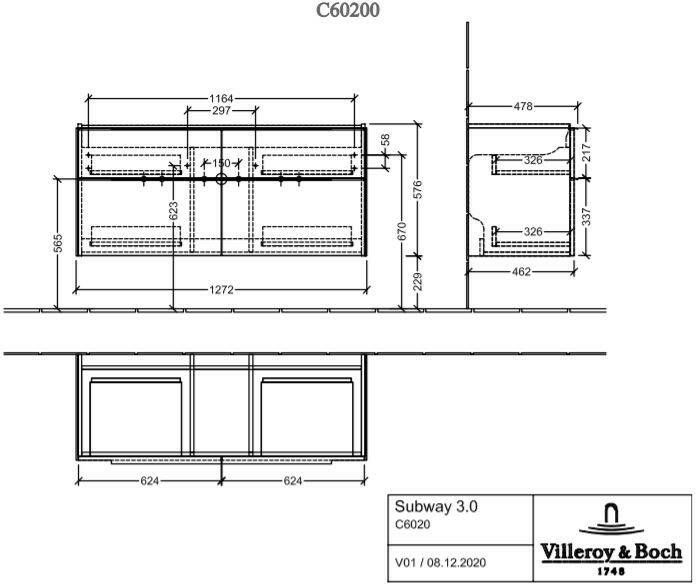 Villeroy & Boch Subway 3.0 wastafelonderkast 127 2x57 6cm 4 la graphite