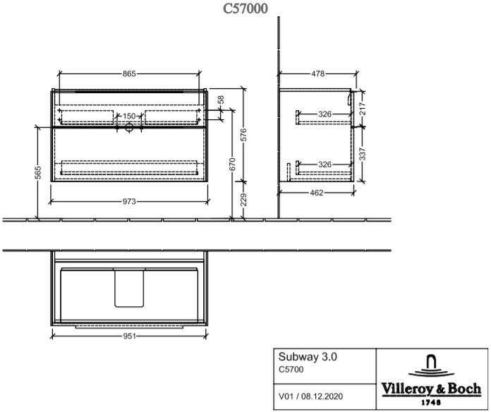 Villeroy & Boch Subway 3.0 wastafelonderkast 97 3x57 6cm 2 la graphite
