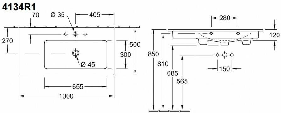 Villeroy & Boch Venticello meubelwastafel bak rechts 100x50 1xkr.gat m overl. wit