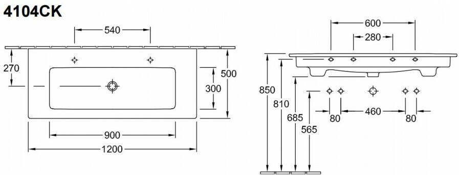 Villeroy & Boch Venticello wastafel 120x50cm 2 kraangat met overloop wit