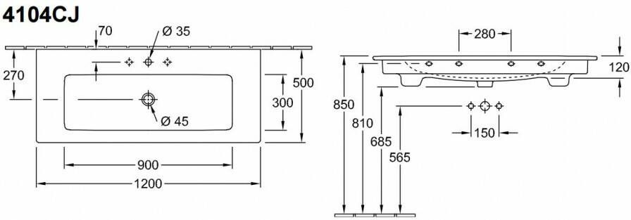 Villeroy & Boch Venticello wastafel 120x50cm zonder kraangat m overloop wit