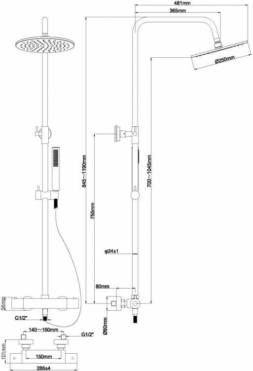 Wiesbaden Caral douche-opbouwset + therm. mengkraan gunmetal