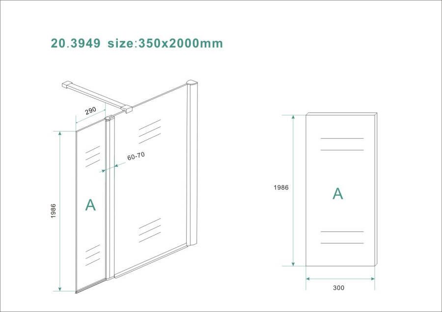 Wiesbaden Zijpaneel 35 x 200 cm met scharnierprofiel rechts chroom met 10 mm NANO geheel matglas