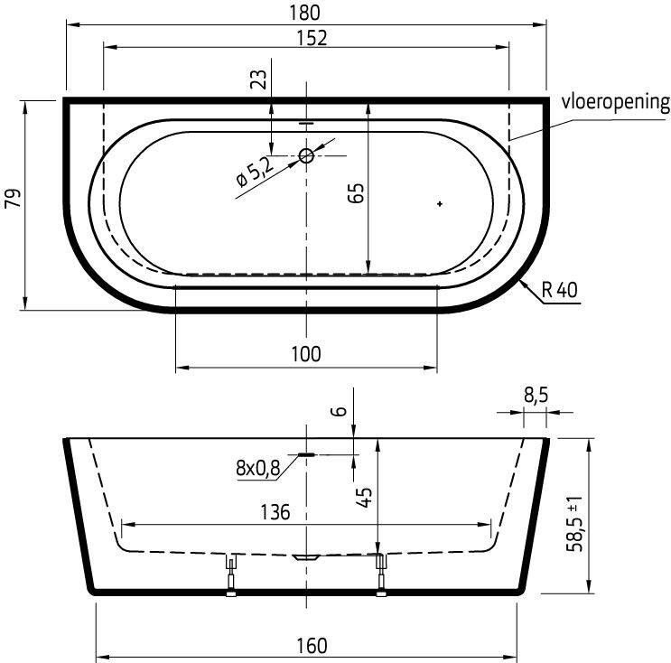 Xenz Charley halfvrijstaand bad 180x79cm mat wit mat zwart afvoer overloopcombinatie chroom