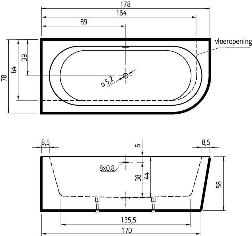 Xenz Charley halfvrijstaand bad links 180x80cm mat wit mat antraciet badafvoer vulcombinatie grafiet