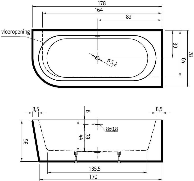 Xenz Charley halfvrijstaand bad rechts 180x80cm glans wit afvoer overloopcombinatie inox