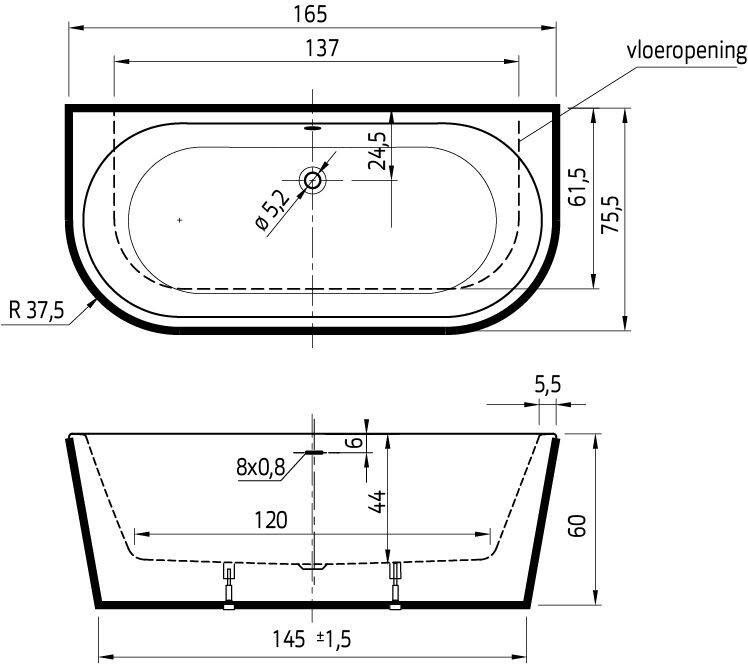 Xenz Charley XS halfvrijstaand bad 165x76cm glans wit afvoer overloopcombinatie inox