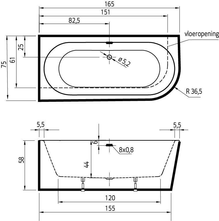 Xenz Charley XS halfvrijstaand bad rechts 165x75cm mat wit mat zwart afvoer overloopcombinatie grafiet