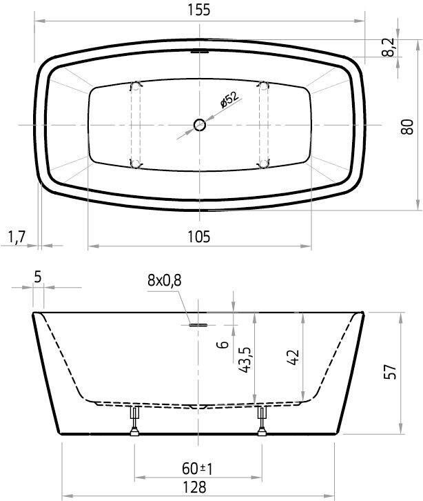 Xenz Moniek vrijstaand bad 155x80cm mat wit met sleuf overloop waste chroom