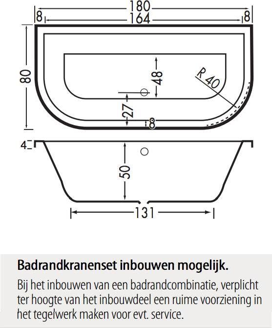 Xenz Principe Basic bad 180x80cm met 2 ronde hoeken Edelweisss