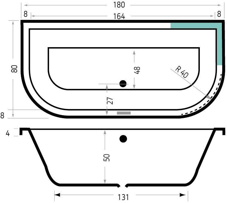 Xenz Principe Basic bad 180x80cm met 2 ronde hoeken Pergamon