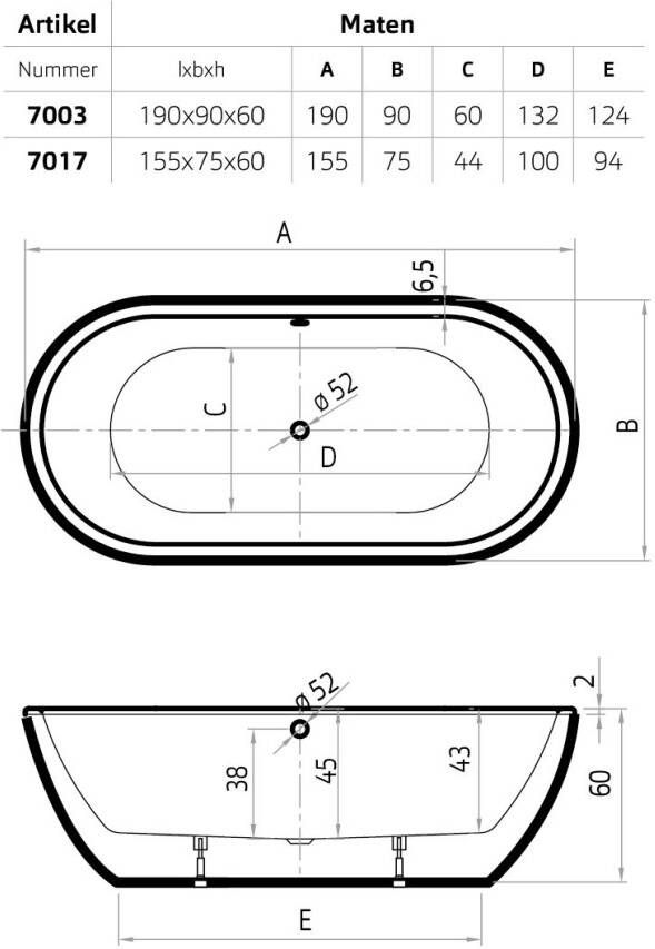 Xenz Rens vrijstaand bad 190x90cm mat wit met badafvoer overloopcombinatie chroom