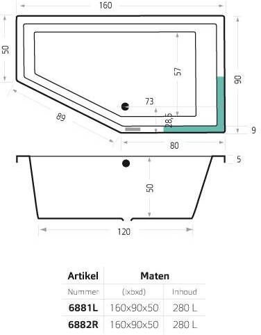 Xenz Society 160 bad 160x90cm links asymmetrisch Antraciet