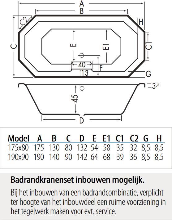 Xenz Sumba achthoekig bad 175x80cm Edelweiss