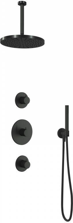 Hotbath Cobber IBS 20BL inbouw doucheset mat zwart met staafhanddouche 30cm hoofddouche met plafondbuis 30cm wandsteun met uitlaat