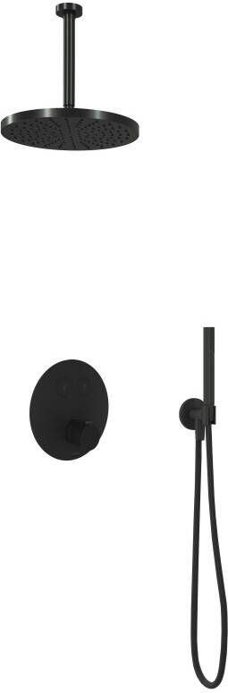 Hotbath Cobber IBS 22 inbouw doucheset mat zwart met staafhanddouche 30cm hoofddouche met plafondbuis 30cm wandsteun met uitlaat